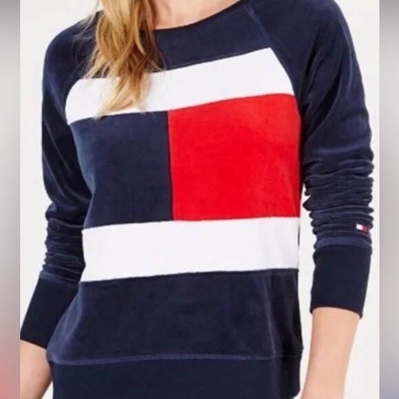 Vintage 90s Tommy Hilfiger Velour Logo Sweatshirt Colorblock Navy Red White Prep - Picture 2 of 6